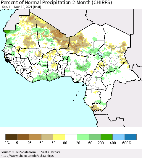 Western Africa Percent of Normal Precipitation 2-Month (CHIRPS) Thematic Map For 9/11/2021 - 11/10/2021