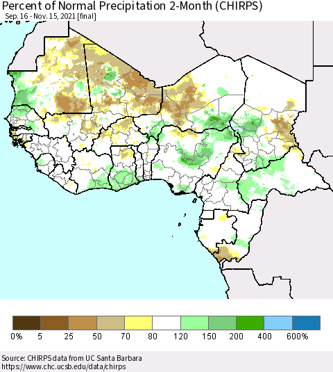 Western Africa Percent of Normal Precipitation 2-Month (CHIRPS) Thematic Map For 9/16/2021 - 11/15/2021
