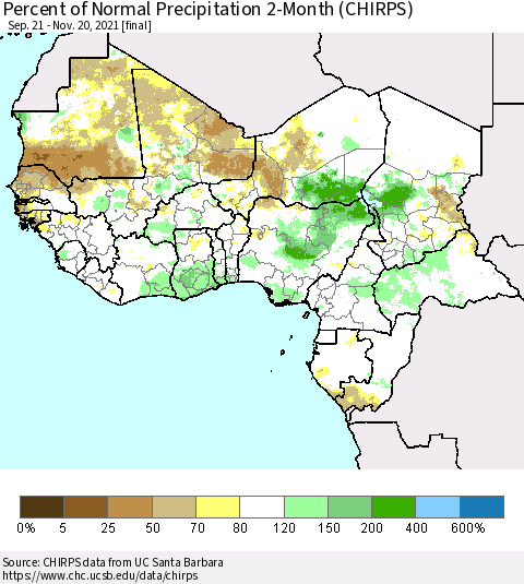Western Africa Percent of Normal Precipitation 2-Month (CHIRPS) Thematic Map For 9/21/2021 - 11/20/2021