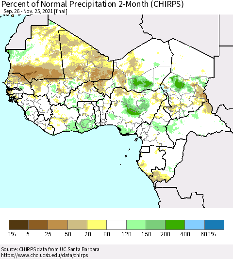 Western Africa Percent of Normal Precipitation 2-Month (CHIRPS) Thematic Map For 9/26/2021 - 11/25/2021