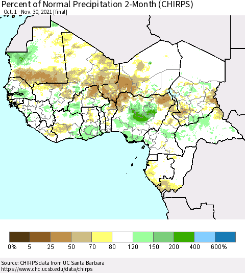 Western Africa Percent of Normal Precipitation 2-Month (CHIRPS) Thematic Map For 10/1/2021 - 11/30/2021