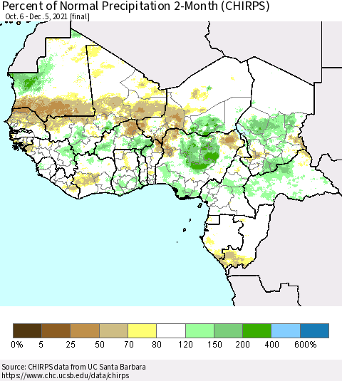 Western Africa Percent of Normal Precipitation 2-Month (CHIRPS) Thematic Map For 10/6/2021 - 12/5/2021