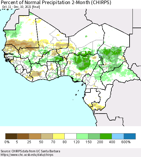 Western Africa Percent of Normal Precipitation 2-Month (CHIRPS) Thematic Map For 10/11/2021 - 12/10/2021
