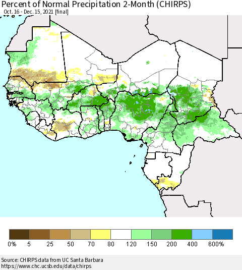 Western Africa Percent of Normal Precipitation 2-Month (CHIRPS) Thematic Map For 10/16/2021 - 12/15/2021