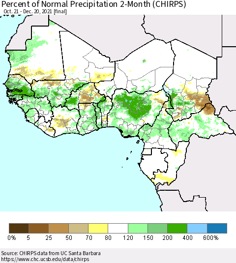 Western Africa Percent of Normal Precipitation 2-Month (CHIRPS) Thematic Map For 10/21/2021 - 12/20/2021