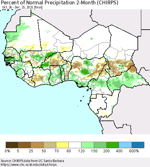 Western Africa Percent of Normal Precipitation 2-Month (CHIRPS) Thematic Map For 10/26/2021 - 12/25/2021