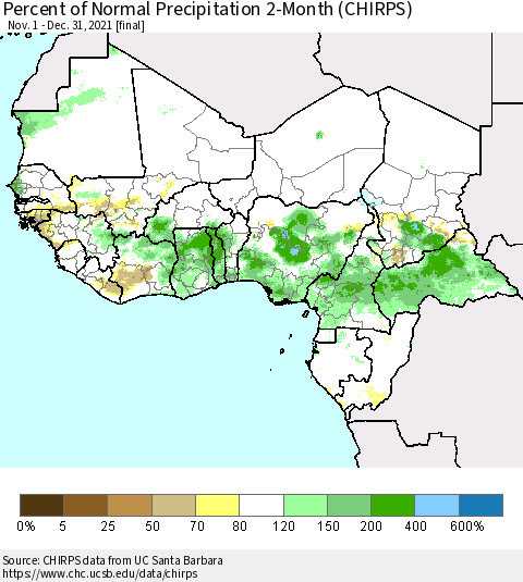 Western Africa Percent of Normal Precipitation 2-Month (CHIRPS) Thematic Map For 11/1/2021 - 12/31/2021