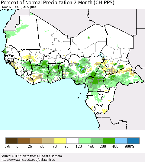 Western Africa Percent of Normal Precipitation 2-Month (CHIRPS) Thematic Map For 11/6/2021 - 1/5/2022