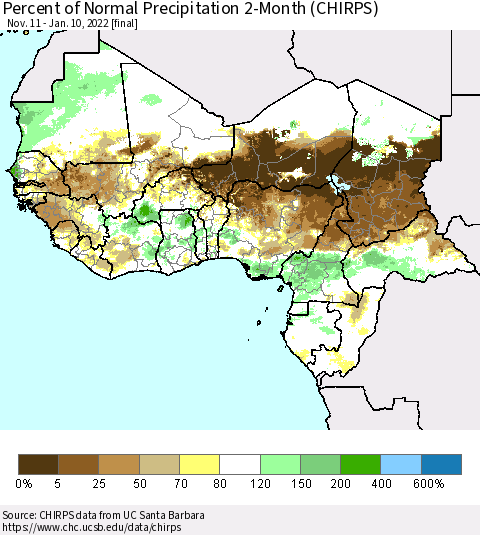 Western Africa Percent of Normal Precipitation 2-Month (CHIRPS) Thematic Map For 11/11/2021 - 1/10/2022