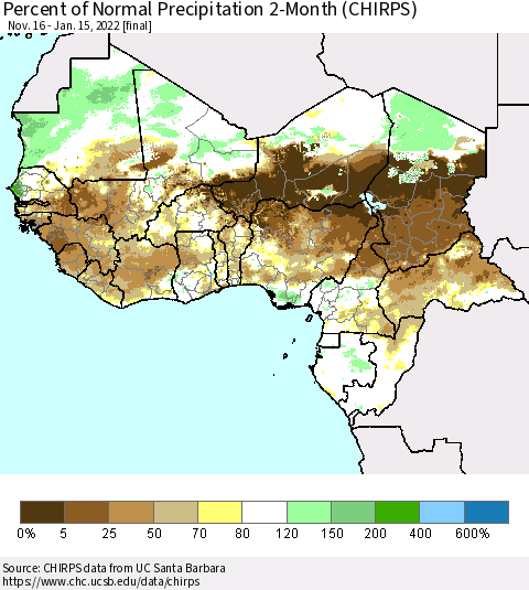 Western Africa Percent of Normal Precipitation 2-Month (CHIRPS) Thematic Map For 11/16/2021 - 1/15/2022