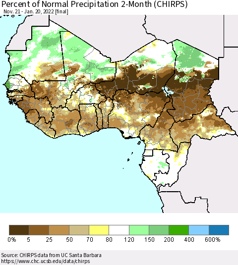 Western Africa Percent of Normal Precipitation 2-Month (CHIRPS) Thematic Map For 11/21/2021 - 1/20/2022