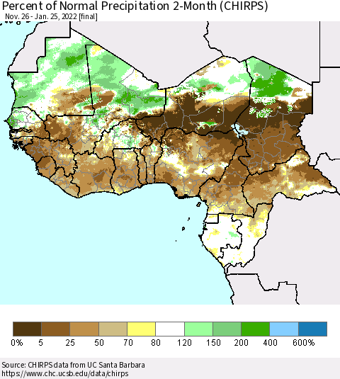 Western Africa Percent of Normal Precipitation 2-Month (CHIRPS) Thematic Map For 11/26/2021 - 1/25/2022