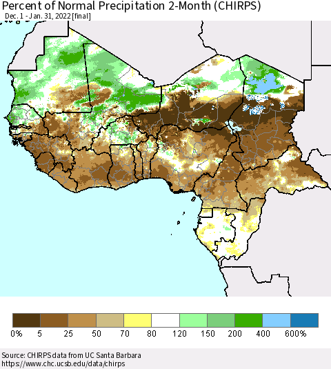 Western Africa Percent of Normal Precipitation 2-Month (CHIRPS) Thematic Map For 12/1/2021 - 1/31/2022