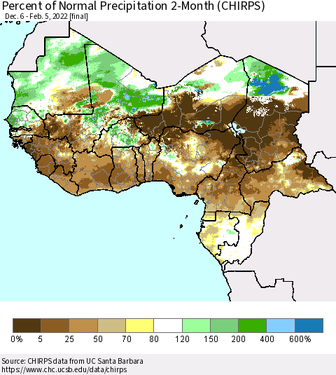Western Africa Percent of Normal Precipitation 2-Month (CHIRPS) Thematic Map For 12/6/2021 - 2/5/2022
