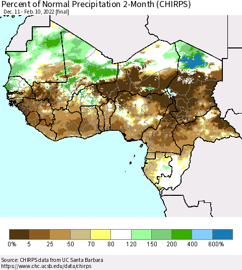 Western Africa Percent of Normal Precipitation 2-Month (CHIRPS) Thematic Map For 12/11/2021 - 2/10/2022