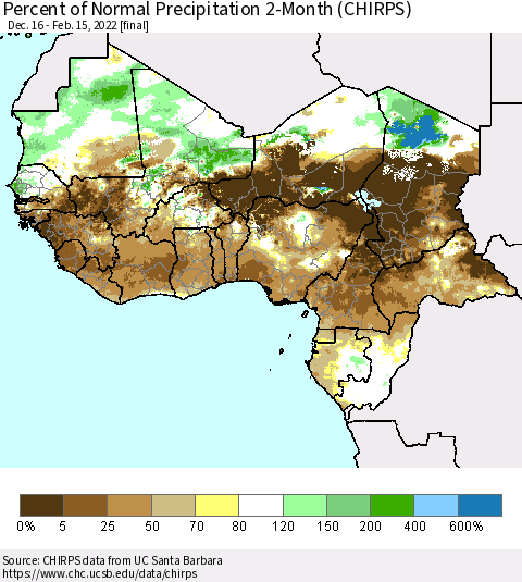 Western Africa Percent of Normal Precipitation 2-Month (CHIRPS) Thematic Map For 12/16/2021 - 2/15/2022