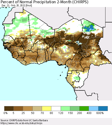 Western Africa Percent of Normal Precipitation 2-Month (CHIRPS) Thematic Map For 12/21/2021 - 2/20/2022