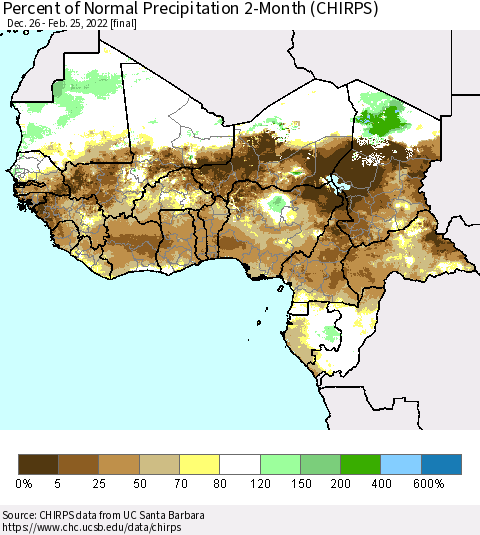 Western Africa Percent of Normal Precipitation 2-Month (CHIRPS) Thematic Map For 12/26/2021 - 2/25/2022