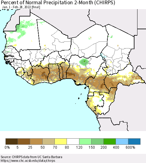 Western Africa Percent of Normal Precipitation 2-Month (CHIRPS) Thematic Map For 1/1/2022 - 2/28/2022