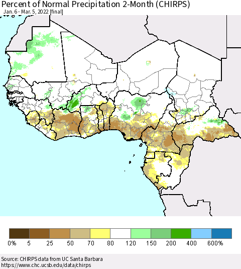 Western Africa Percent of Normal Precipitation 2-Month (CHIRPS) Thematic Map For 1/6/2022 - 3/5/2022