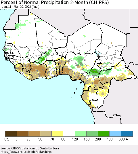 Western Africa Percent of Normal Precipitation 2-Month (CHIRPS) Thematic Map For 1/11/2022 - 3/10/2022