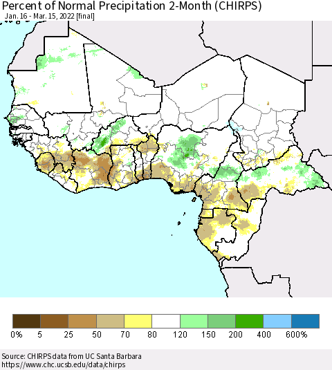 Western Africa Percent of Normal Precipitation 2-Month (CHIRPS) Thematic Map For 1/16/2022 - 3/15/2022