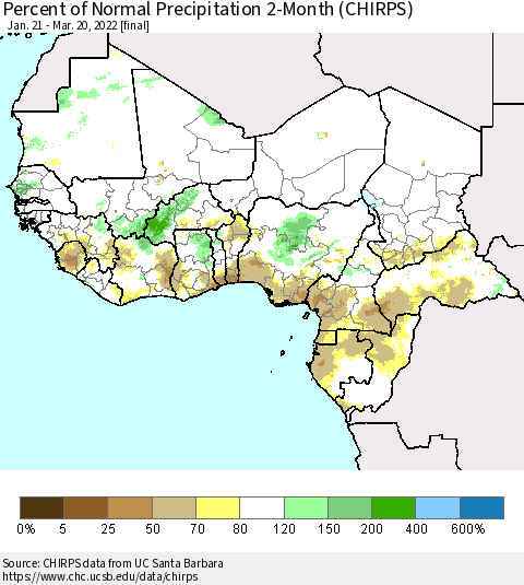 Western Africa Percent of Normal Precipitation 2-Month (CHIRPS) Thematic Map For 1/21/2022 - 3/20/2022