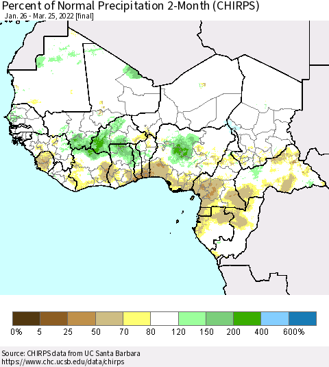 Western Africa Percent of Normal Precipitation 2-Month (CHIRPS) Thematic Map For 1/26/2022 - 3/25/2022