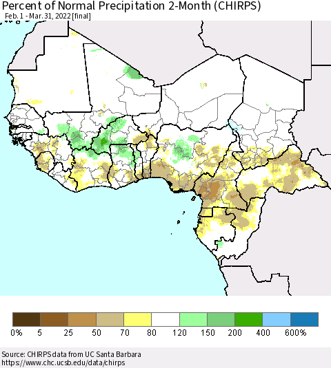 Western Africa Percent of Normal Precipitation 2-Month (CHIRPS) Thematic Map For 2/1/2022 - 3/31/2022