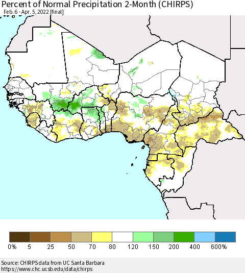 Western Africa Percent of Normal Precipitation 2-Month (CHIRPS) Thematic Map For 2/6/2022 - 4/5/2022