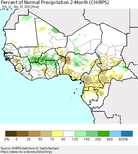 Western Africa Percent of Normal Precipitation 2-Month (CHIRPS) Thematic Map For 2/11/2022 - 4/10/2022
