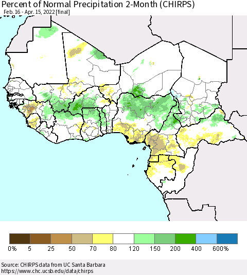 Western Africa Percent of Normal Precipitation 2-Month (CHIRPS) Thematic Map For 2/16/2022 - 4/15/2022