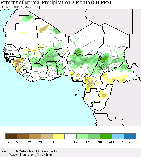 Western Africa Percent of Normal Precipitation 2-Month (CHIRPS) Thematic Map For 2/21/2022 - 4/20/2022