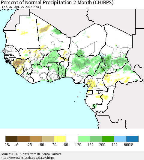 Western Africa Percent of Normal Precipitation 2-Month (CHIRPS) Thematic Map For 2/26/2022 - 4/25/2022