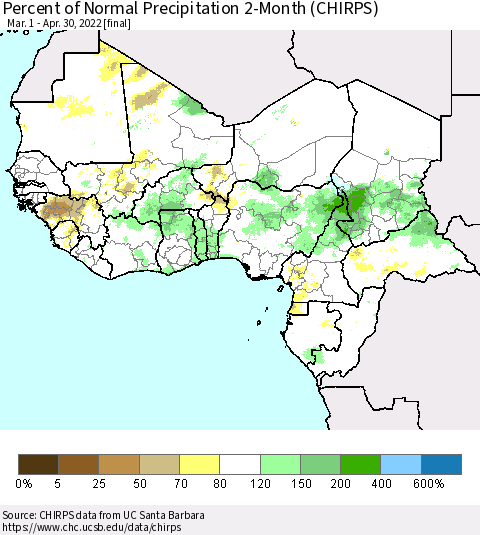 Western Africa Percent of Normal Precipitation 2-Month (CHIRPS) Thematic Map For 3/1/2022 - 4/30/2022