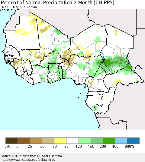 Western Africa Percent of Normal Precipitation 2-Month (CHIRPS) Thematic Map For 3/6/2022 - 5/5/2022