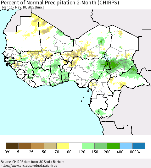 Western Africa Percent of Normal Precipitation 2-Month (CHIRPS) Thematic Map For 3/11/2022 - 5/10/2022
