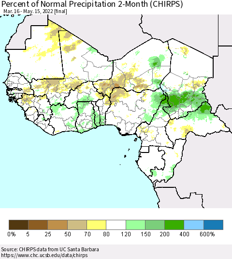 Western Africa Percent of Normal Precipitation 2-Month (CHIRPS) Thematic Map For 3/16/2022 - 5/15/2022