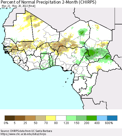 Western Africa Percent of Normal Precipitation 2-Month (CHIRPS) Thematic Map For 3/21/2022 - 5/20/2022