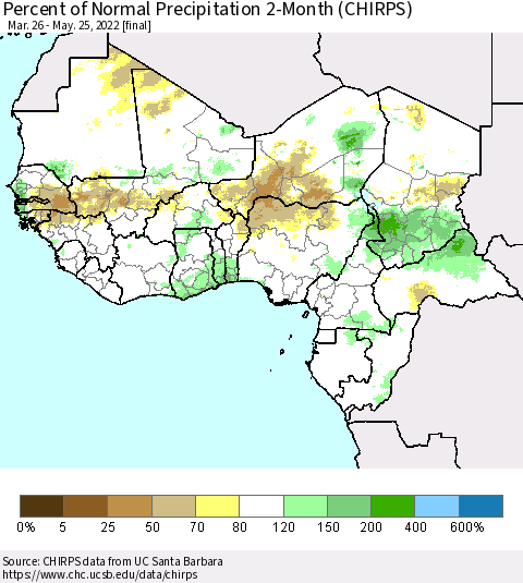Western Africa Percent of Normal Precipitation 2-Month (CHIRPS) Thematic Map For 3/26/2022 - 5/25/2022