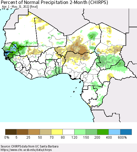 Western Africa Percent of Normal Precipitation 2-Month (CHIRPS) Thematic Map For 4/1/2022 - 5/31/2022