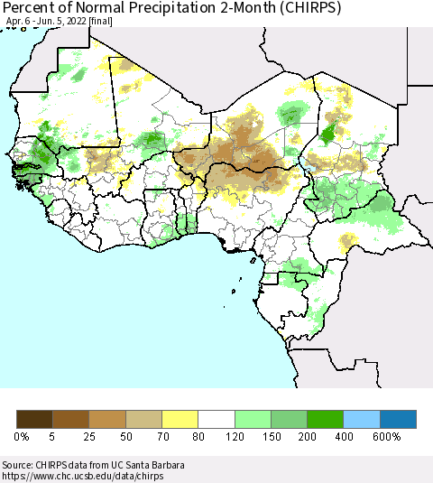 Western Africa Percent of Normal Precipitation 2-Month (CHIRPS) Thematic Map For 4/6/2022 - 6/5/2022