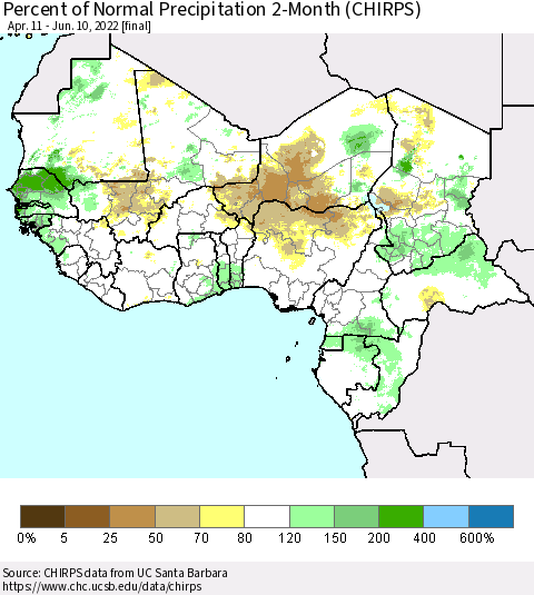 Western Africa Percent of Normal Precipitation 2-Month (CHIRPS) Thematic Map For 4/11/2022 - 6/10/2022