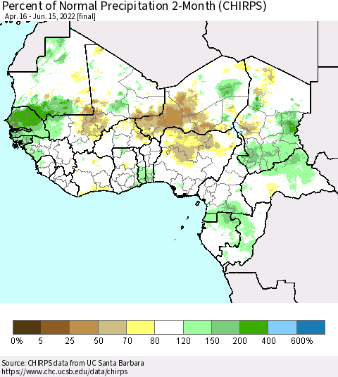 Western Africa Percent of Normal Precipitation 2-Month (CHIRPS) Thematic Map For 4/16/2022 - 6/15/2022