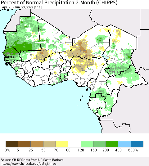 Western Africa Percent of Normal Precipitation 2-Month (CHIRPS) Thematic Map For 4/21/2022 - 6/20/2022