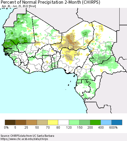 Western Africa Percent of Normal Precipitation 2-Month (CHIRPS) Thematic Map For 4/26/2022 - 6/25/2022