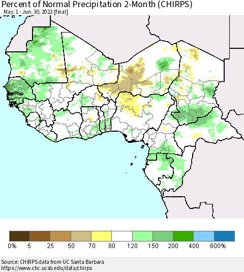 Western Africa Percent of Normal Precipitation 2-Month (CHIRPS) Thematic Map For 5/1/2022 - 6/30/2022