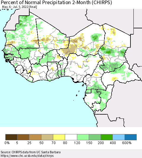 Western Africa Percent of Normal Precipitation 2-Month (CHIRPS) Thematic Map For 5/6/2022 - 7/5/2022