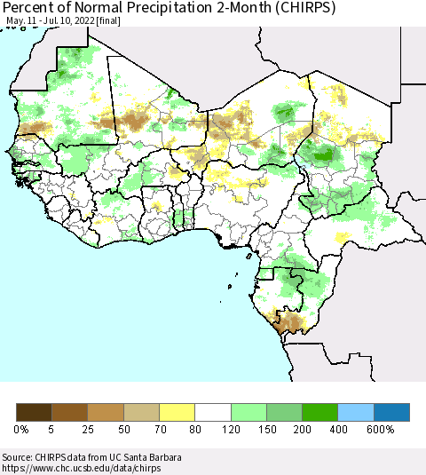 Western Africa Percent of Normal Precipitation 2-Month (CHIRPS) Thematic Map For 5/11/2022 - 7/10/2022