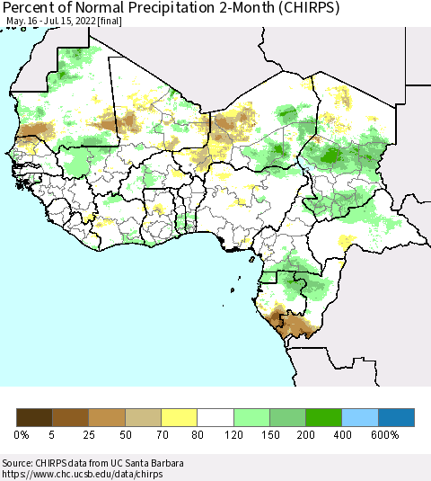 Western Africa Percent of Normal Precipitation 2-Month (CHIRPS) Thematic Map For 5/16/2022 - 7/15/2022